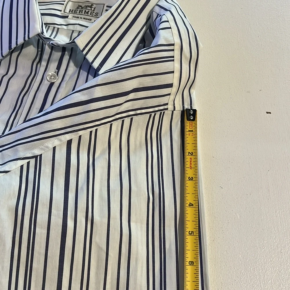 Hermés made in France men’s 43/17 button long sleeve shirt blue and white stripe - Picture 10 of 13